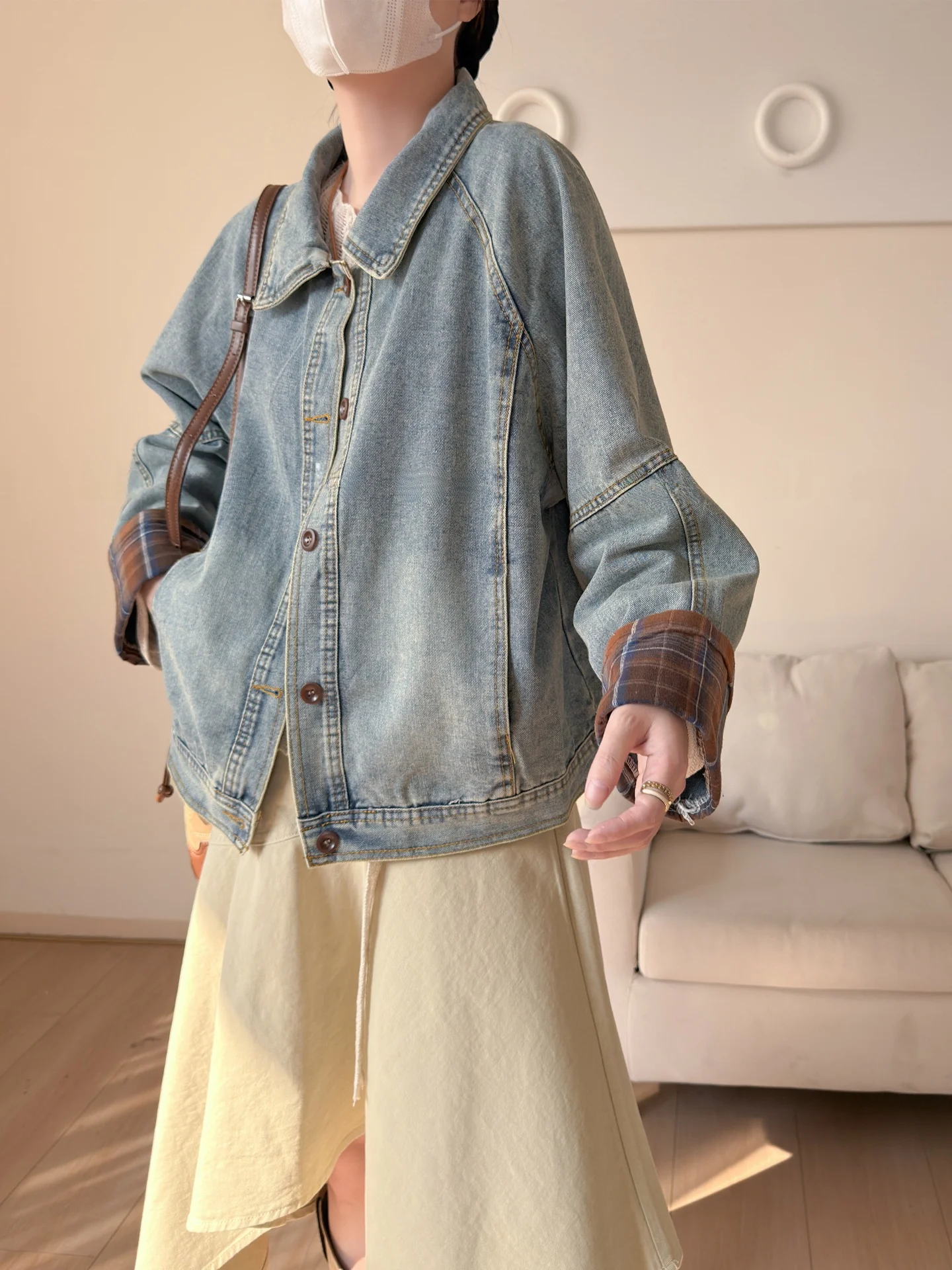 

Ретро джинсовая куртка в стиле пэчворк для женщин, с коротким воротником, на одной пуговице, весенняя, повседневная, с длинными рукавами, хлопковая верхняя одежда