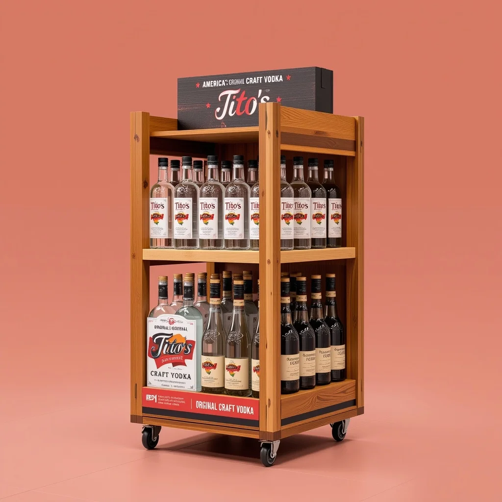 Factory Customized 2-Layer Wooden Display Rack For Wine Beer Energy Drinks Wood Metal Floor Standing Design For Retail