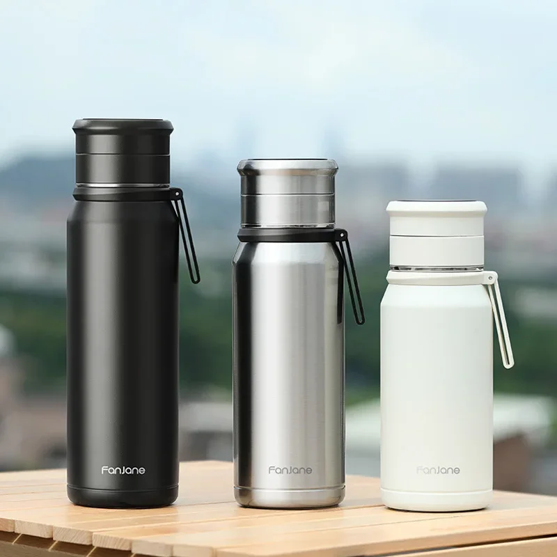 FANJANE Large Capacity Insulated Cup Coffee Tea Thermos Bottle for Men Female Tea Infuser Water Separation Outdoor Water Cup