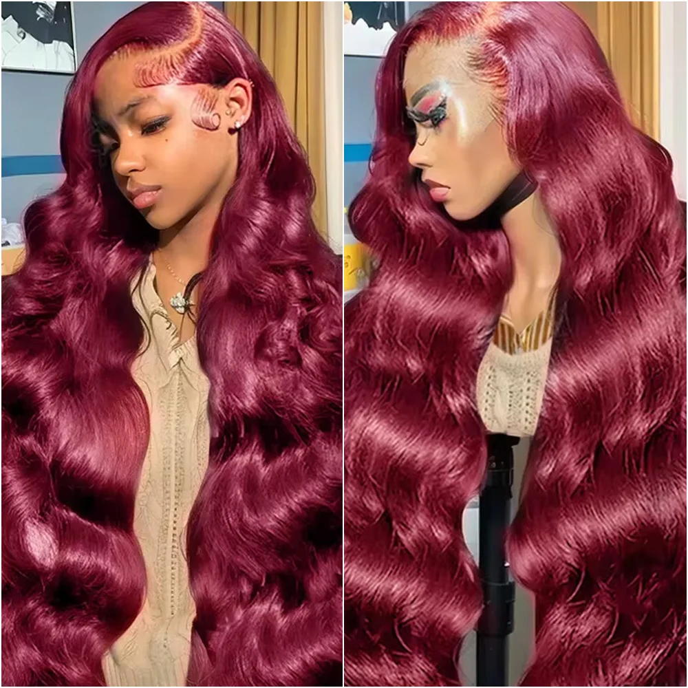 

Body Wave 13x6 HD Transparent Lace Front Human Hair Wig 99J Burgundy 13x4 Lace Frontal Wigs for Women Colored 32 36 Inches Wigs