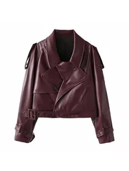 2024 new fashion large shoulder slim leather jacket women's suit collar short wide version jacket coat trend