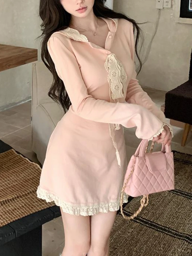 Japanese Sweet Pink Hooded Dresses Women Autumn New Lace Design A-line Mini Dress Aesthetic Fashion Slim Sexy Style Clothes 2024