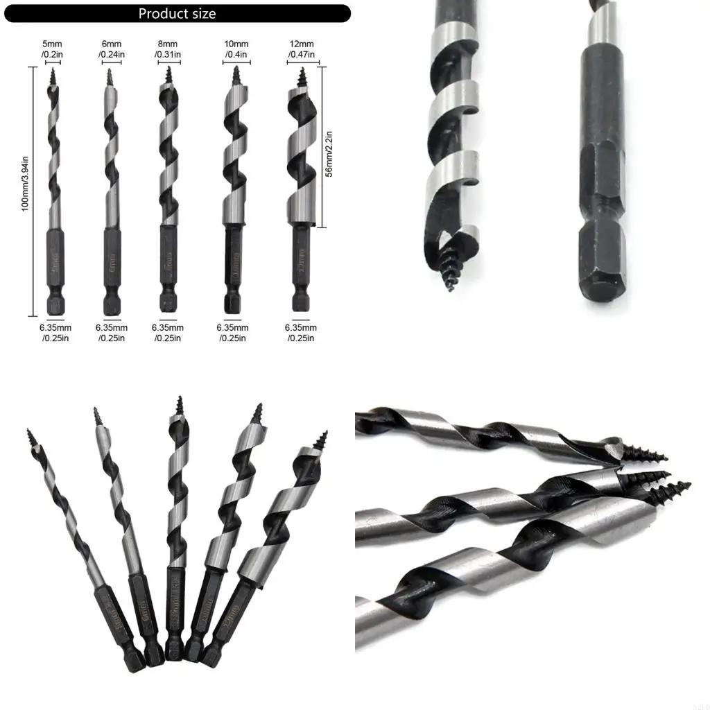 

5Pcs High Carbon Steel Auger Drill Bit Hexagonal Handle Woodworking Twist Drill N2UD