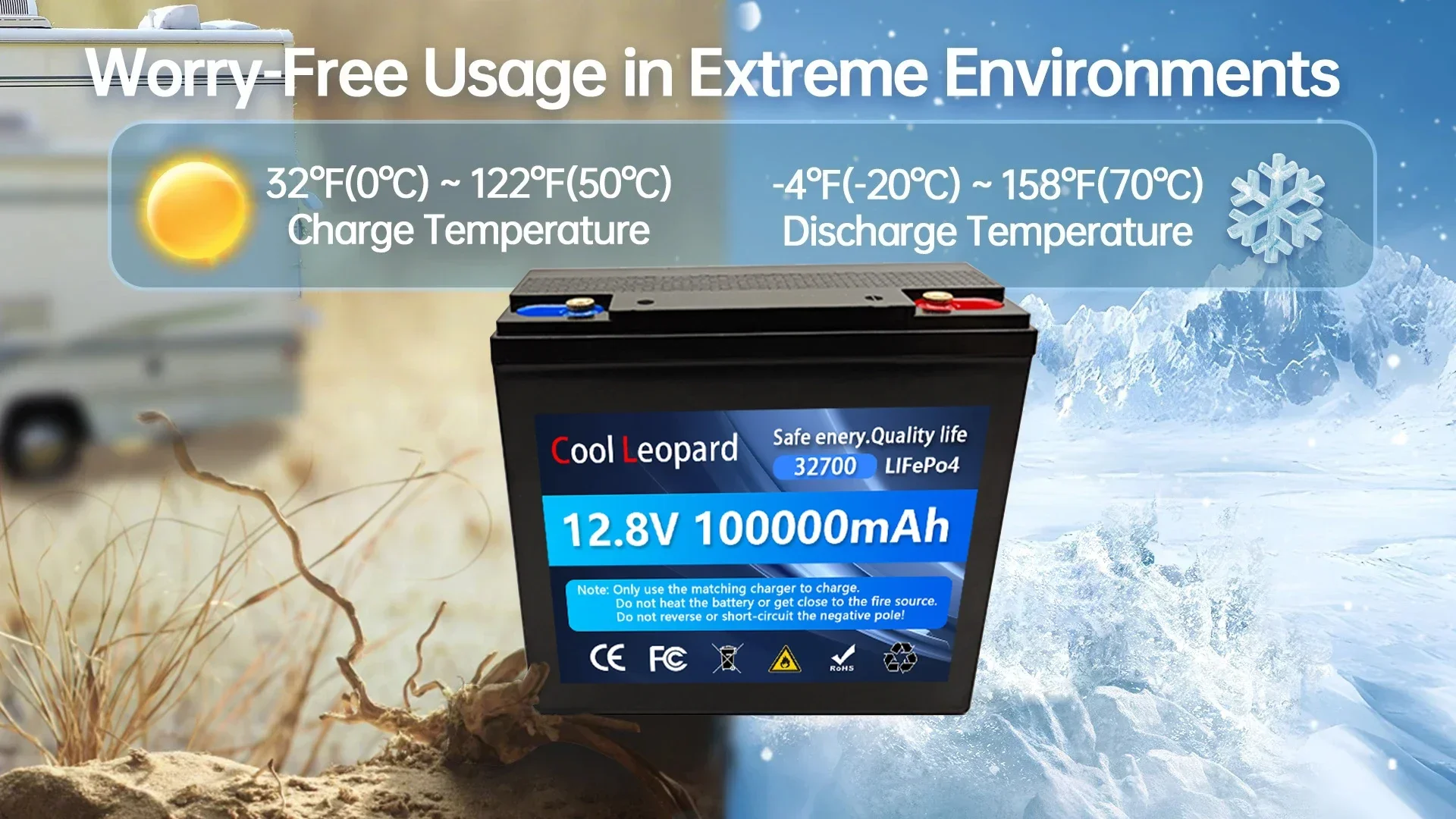 12.8V LiFePO4 Battery， 100Ah 12V Lithium Iron Phosphate Batteries Pack 5000 Cycles RV Cart Boat Solar Battery