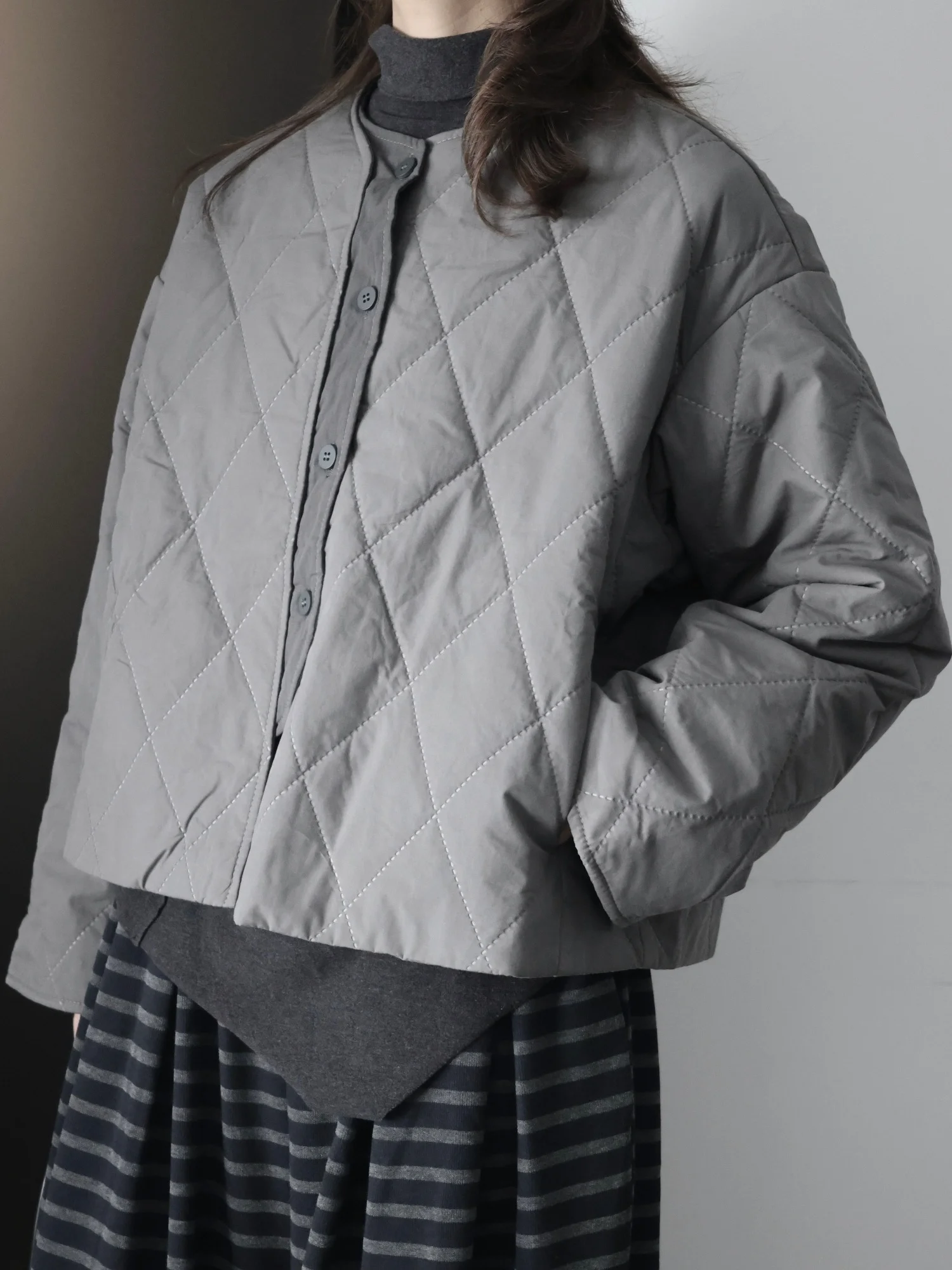 

Loose Women's Cotton Jaet Color Blo Design Spring Autumn ey een Diamond Patterned Fillable Coat Street Sle round Ne...