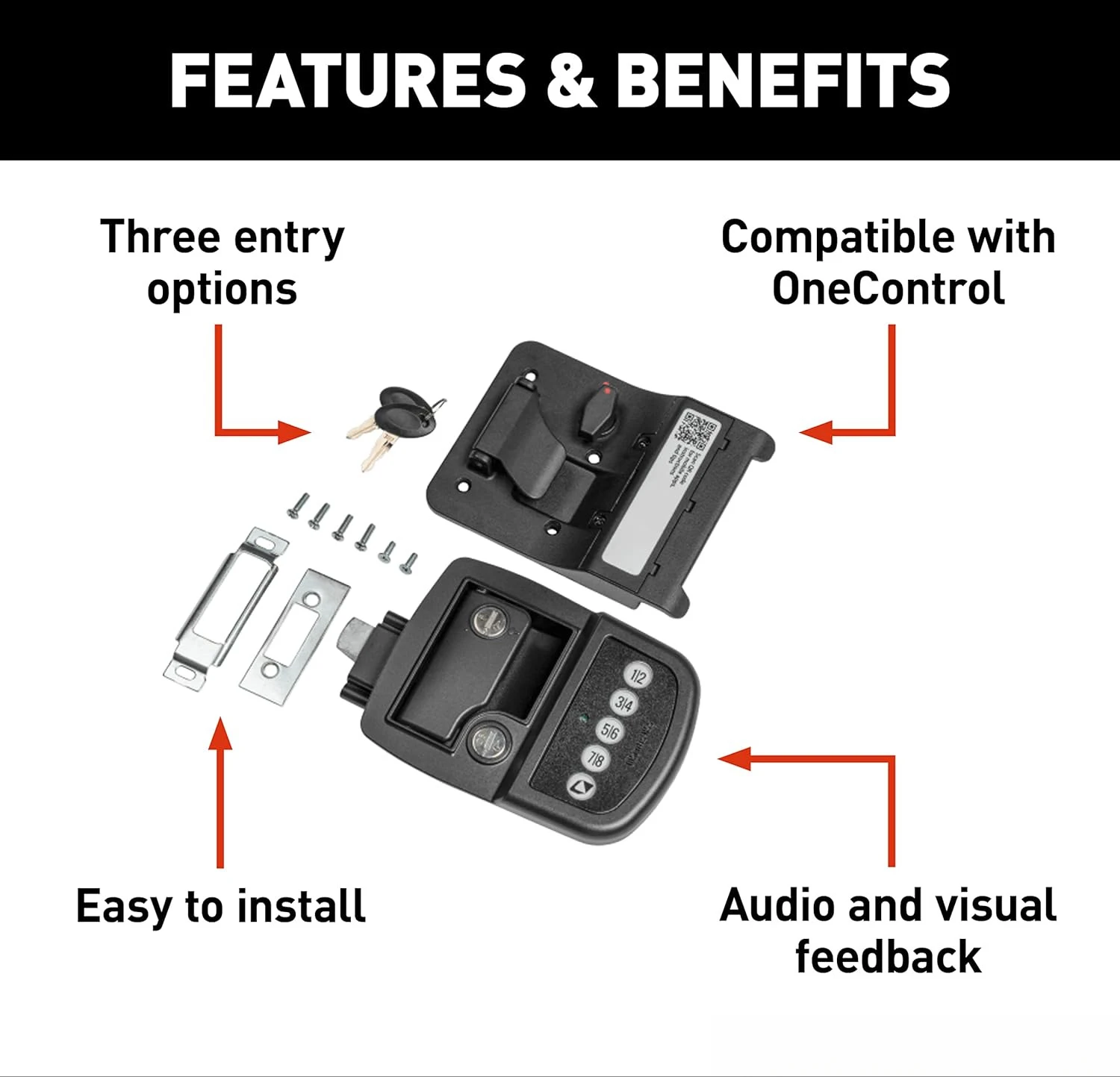 Keyless RV Door Lock with 60' Bluetooth Range, Lighted Keypad Buttons, Aluminum Construction, Black Powder-Coated Finish