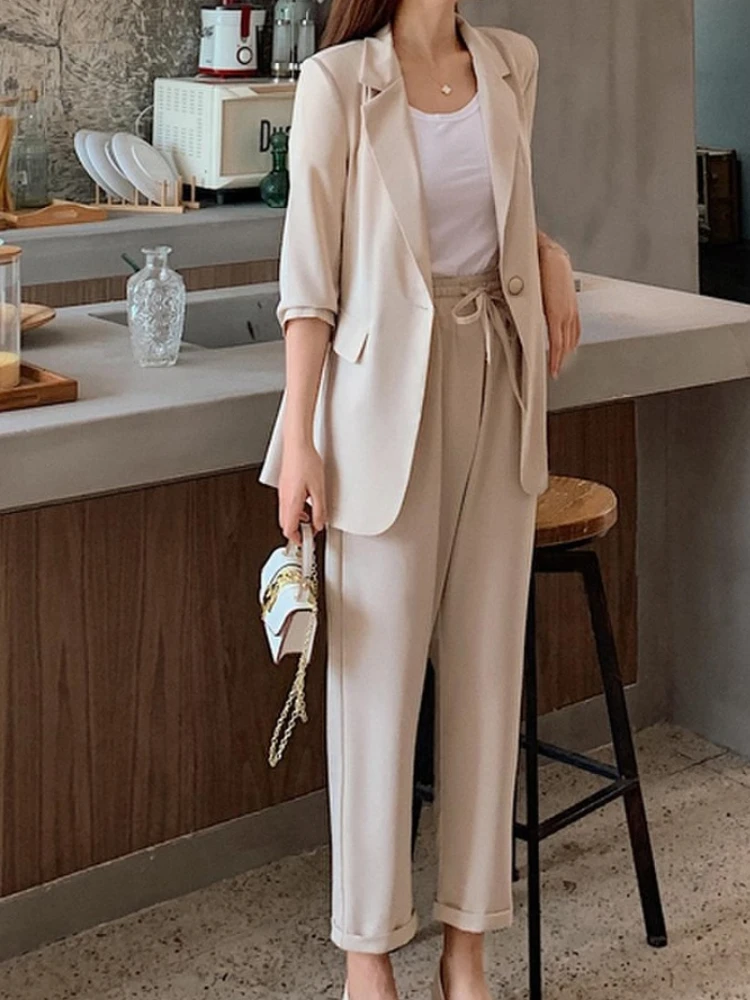 Women\'s Spring Summer Casual Office Suit Solid Color Blazer Pantsuits Button Jacket And Straight Pant 2 Piece Set Female Outfits