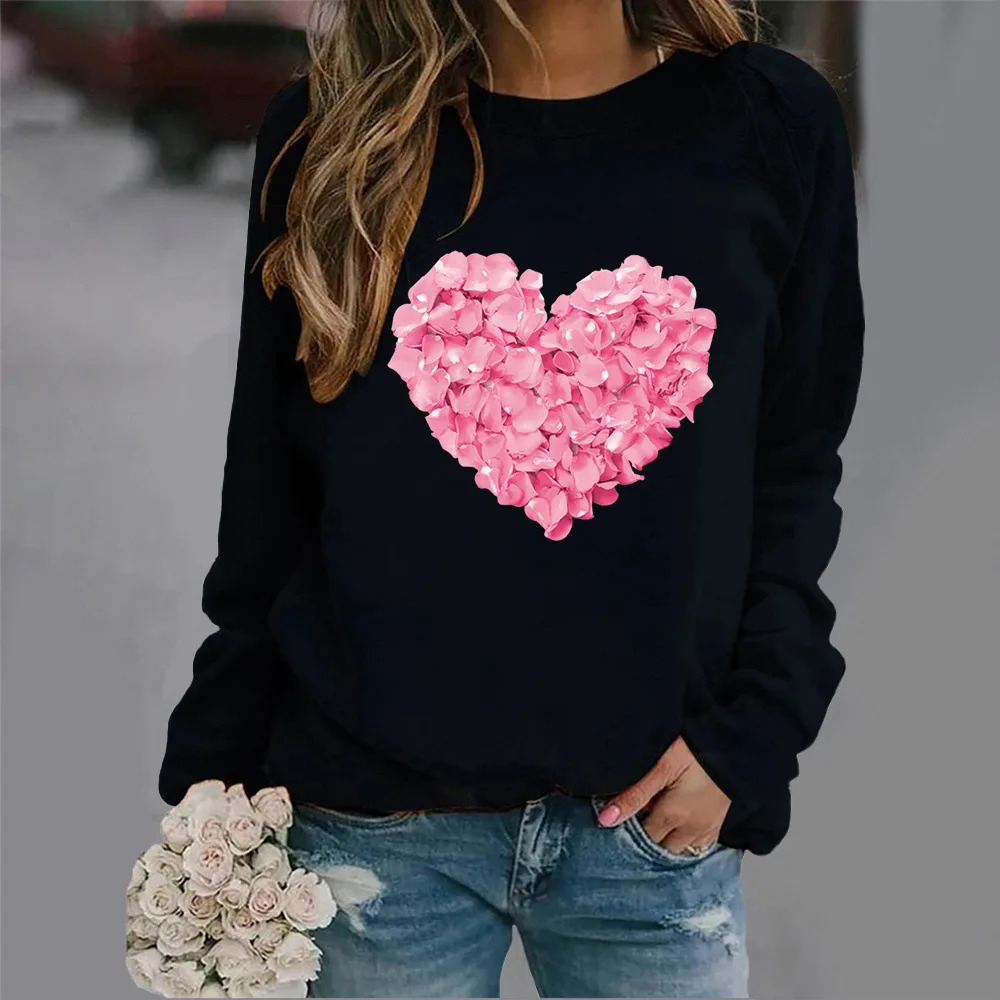 Crew-neck Hoodie Pink Petal Love Print New European and American Valentine\'s Day Hot Sales Streetwear Women Sweatshirt