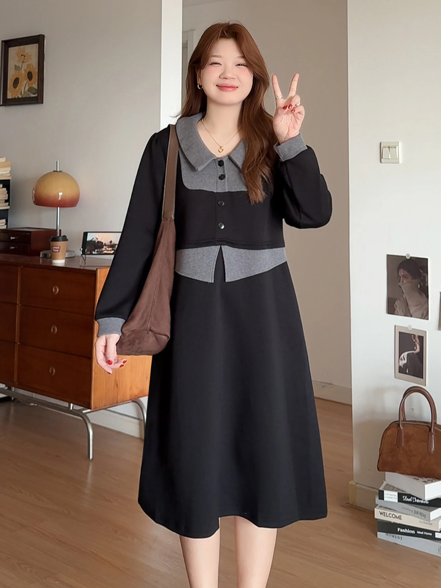 

plus Size Women's Long Sleeve Dress Slimming High Waist Doll Collar Spring Fashion Korean Style A-Line Skirt Polyester Fiber
