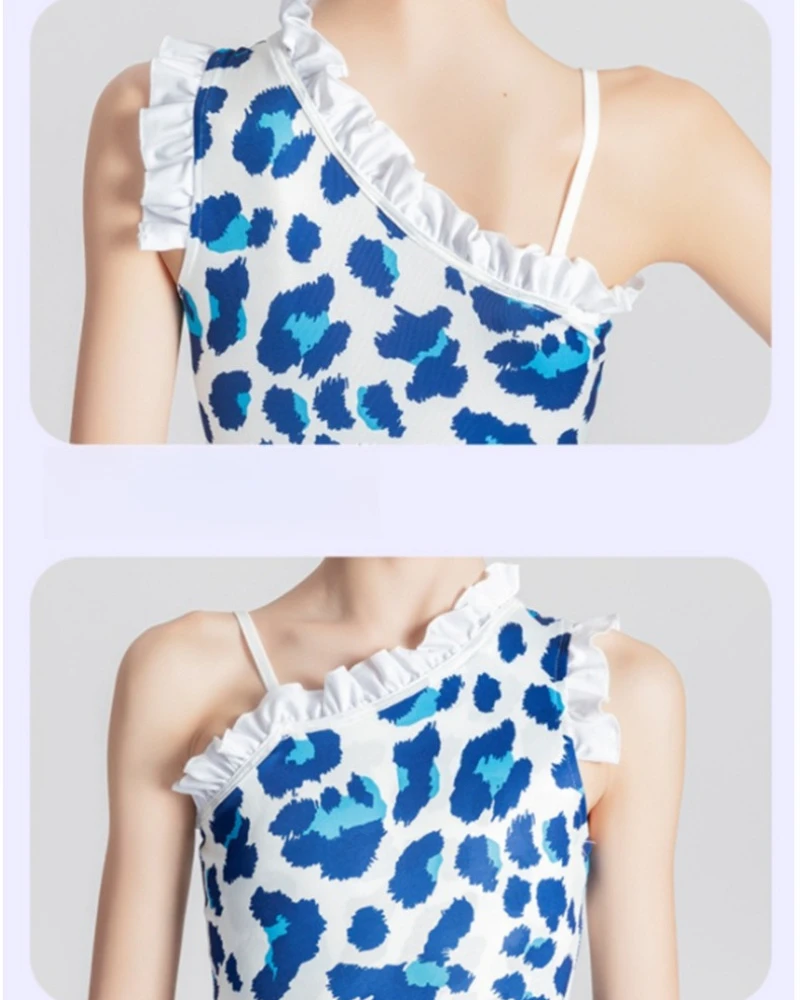 THEEPER Latin Dance Costume Girls, 2-Piece Set Blue Leopard Print Ruffle Leotard Irregular Hem Skirt Latin Dance Dresses Kids - view 5