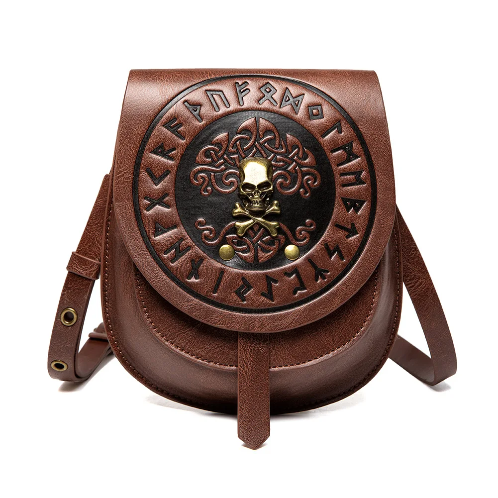 Unisex Medieval Retro Style Single Shoulder Crossbody Bag Pu Leather Embossed Skull Head Bone Logo Mini Change Bag Steampunk Set