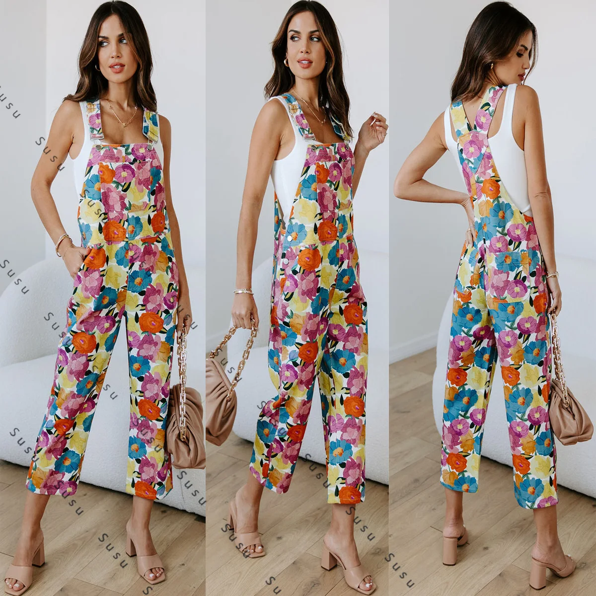 

Новинка весны и лета 2025 года, европейские и американские модные тенденции, повседневный индивидуальный классический свободный комбинезон с принтом, женский 32