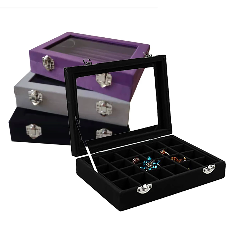 24 Grids Velvet Ring Jewelry Display Box Nail Art Organizer Glass Cover Beads Earring Stud Storage Joyeros Organizador de joyas