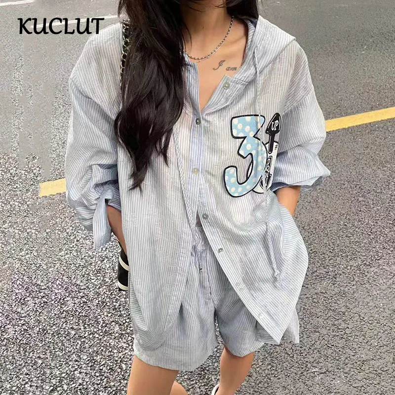 

KUCLUT Fashion Loose Single-breasted Letter Printed Hooded Blouse For Women Striped Elastic Waist Shorts Female Trendy 1A259