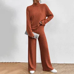 Solid Color Turtleneck Pullover And Straight-Leg Pants Knitted Sets Winter Female Warm Sweater Suits Casual Trousers Outfits