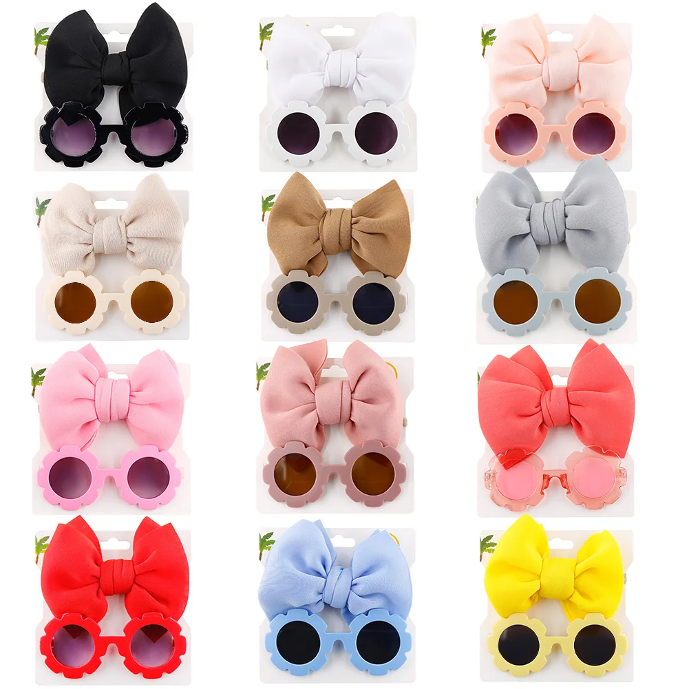 2Pcs/Set Puff Bow Baby Headband Sunglasses Matte Flower UV400 Sun Glasses Eye Wear Elastic Nylon Hair Bands Seaside Headdress