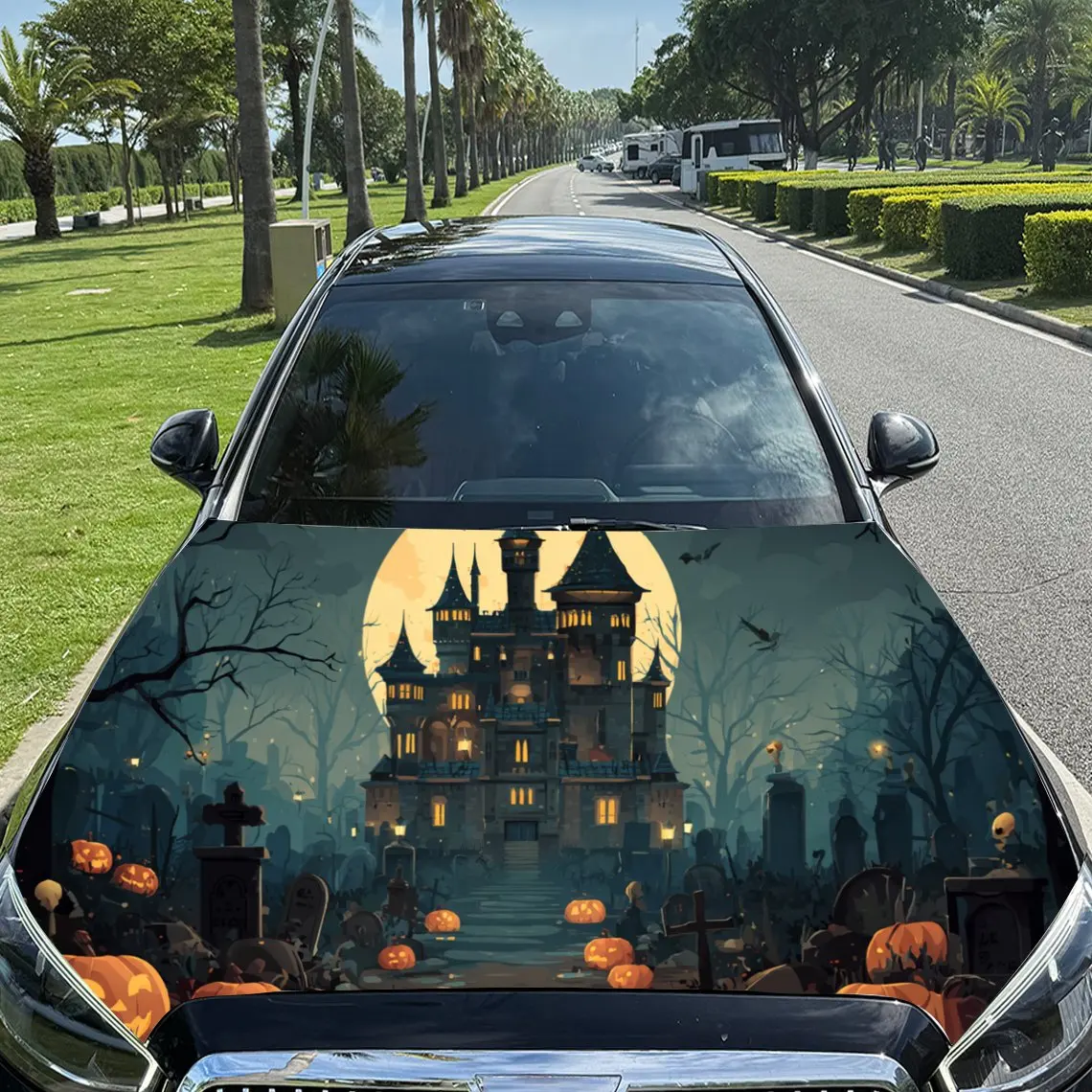 

Unique Halloween Castle in a Graveyard Realm PVC Car Engine Hood Vinyl Wraps, Self-Adhesive Waterproof Car Hood Decal Sticker, C
