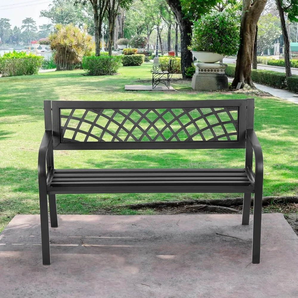 Garden Bench,Outdoor Benches,Iron Steel Frame Patio Bench with Mesh Pattern and Plastic Backrest Armrests for Lawn Yard