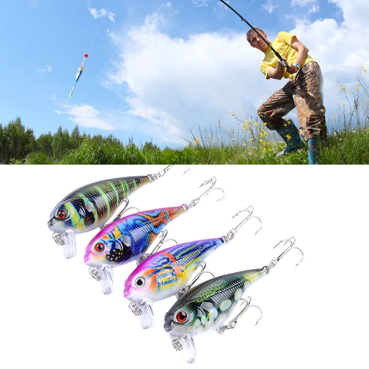 4 Pcs Fishing Lures Colorful Painted Baits Artificial Floating Fishing Lures Deep Sea Baits (4 Colors)