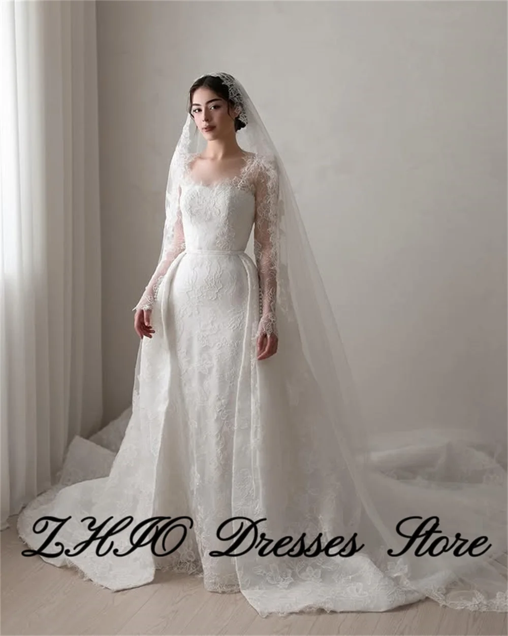 ZHIO Vintage Ivory Lace Wedding Dress Square Collar Full Sleeve Draped A-Line Floating Sweep Train Bridal Gown Customized