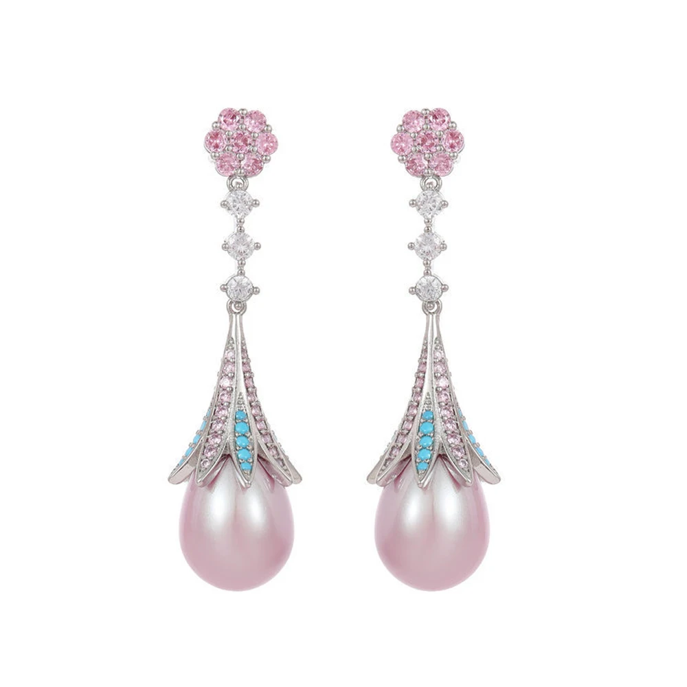 ThreeGraces French Vintage Elegant Palace Style Earrings Light Luxury Long Decorative Droplet Imitation Pink Pearl Earrings E186