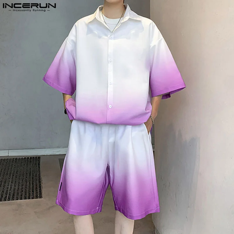 INCERUN Men Sets Tie Dye Gradient Lapel Short Sleeve Shirt & Shorts 2PCS Streetwear Summer 2024 Fashion Men\'s Casual Suits S-5XL