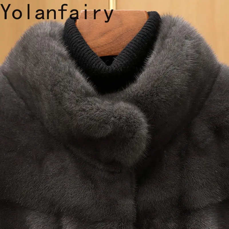 เสื้อโค้ทขนสัตว์แท้ YOLANFAIRY สำหรับผู้หญิง ฤดูหนาว ปกตั้ง ดีไซน์หรูหรา ทำจากขนมิงค์แท้ทั้งตัว เสื้อโค้ทขนสัตว์มิงค์แท้แบบสั้น แจ็คเก็ตขนสัตว์มิงค์ Casacos
