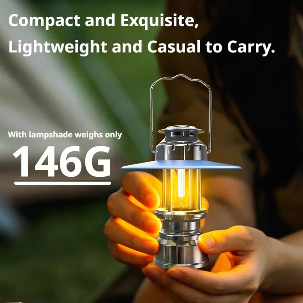 Retro Rechargeable Camping Lantern Portable LED 3 Modes Waterproof 10H Runtime Metal Hook Ambient Tent Light Outdoor Emergency