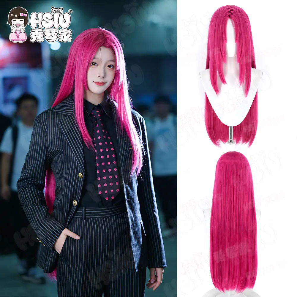Peruca de Cosplay Diavolo, Peruca Sintética de Fibra「HSIU」45CM, Peruca Longa Vermelha Rosa + Touca de Peruca, Anime JOJO Diavolo