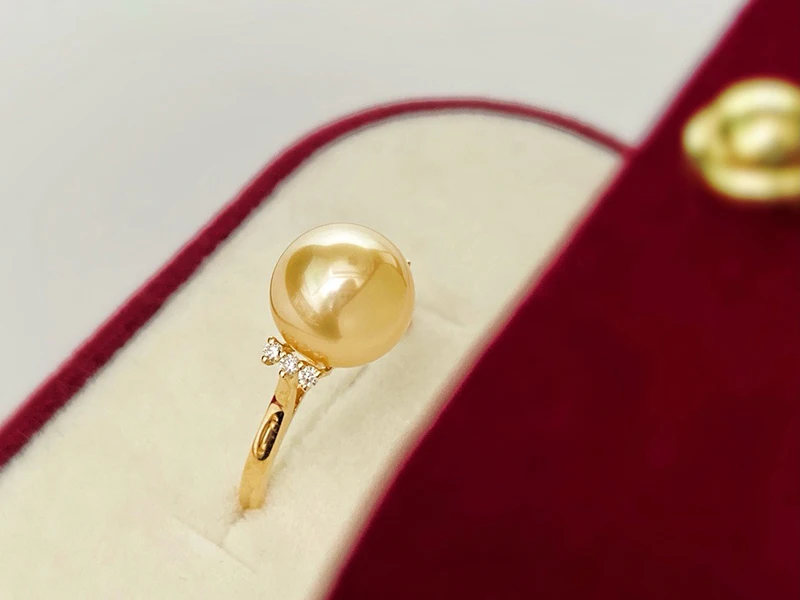 KUGG PEARL 18K Yellow Gold Ring Shiny Diamond 9-10mm Natural Tahitian Black Pearl/South Sea Gold Pearl Ring for Women Wedding