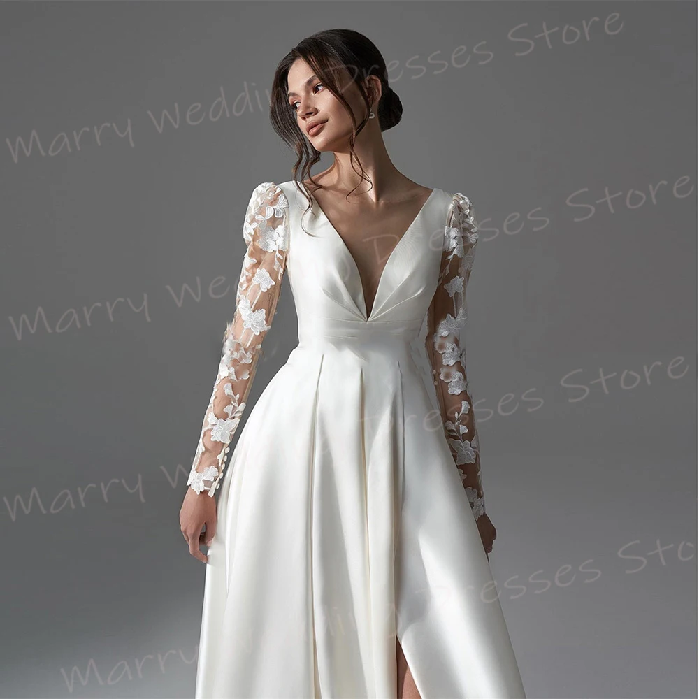 Semplice ed elegante una linea abiti da sposa da donna Sexy Appliques di pizzo classico scollo A V profondo abiti da sposa affascinante spacco laterale muslimah