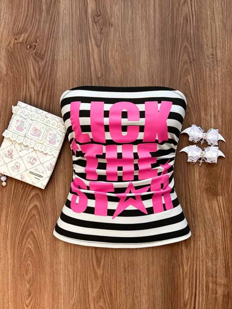 Y2K Schwarz-weiß gestreiftes Tube-Top für Damen mit rosa Buchstaben- und Stern-Print – Detail 2