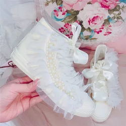 High Top Luxury Canvas Shoes For Women Casual Flats Loafers Women White Pearl Ladies Sneakers Fashion Party Wedding Shoe