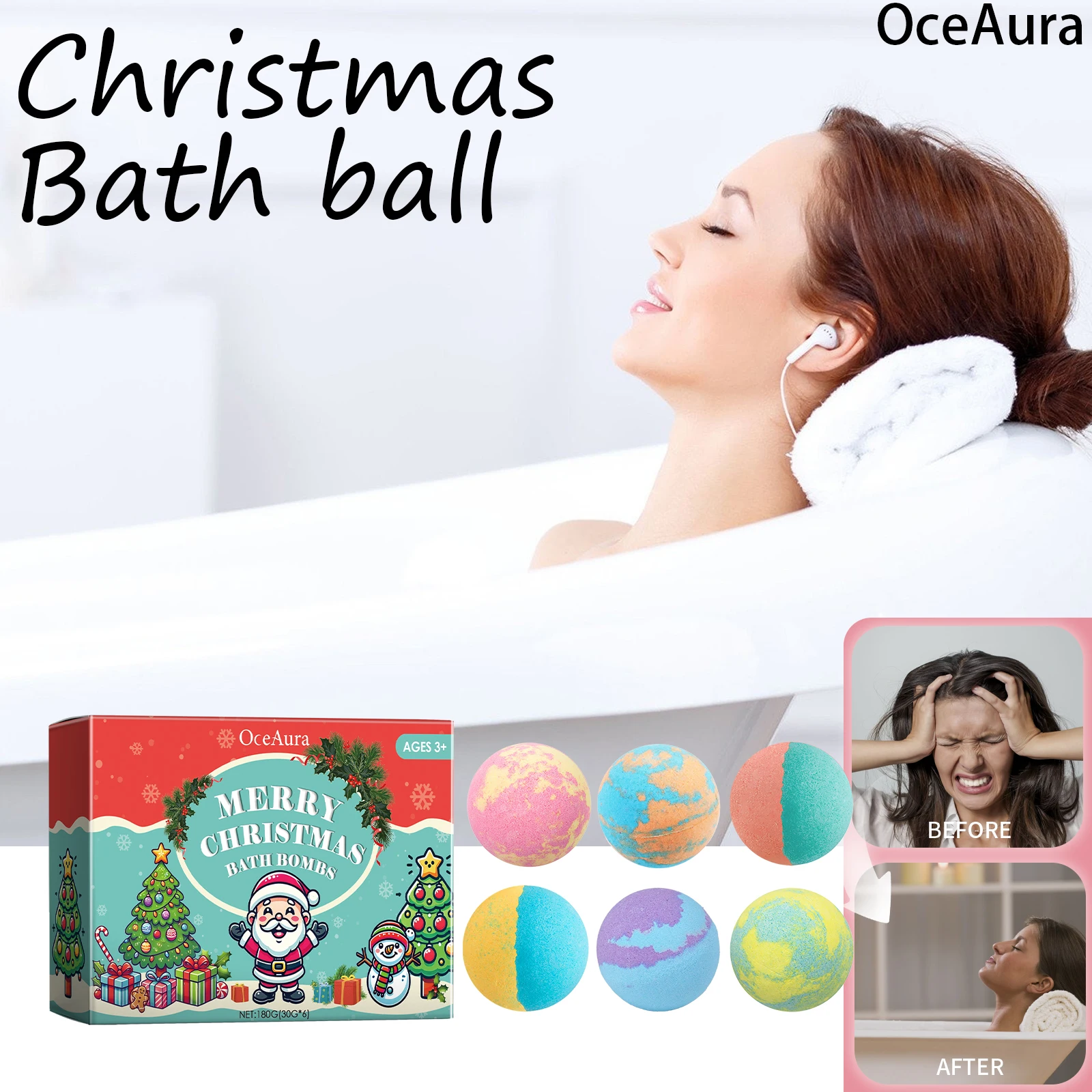 

Рождественские бомбочки для ванны OceAura, набор из 6 предметов, красочные бомбочки для физиологической ванны с эфирными маслами, увлажняющая пузырьковая ванна для мягкой кожи