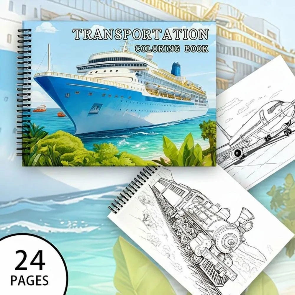 

Transportation Vehicle Coloring Book 24 Pages Travel Theme Illustrations for Adults Stress Relief Relaxation Gift