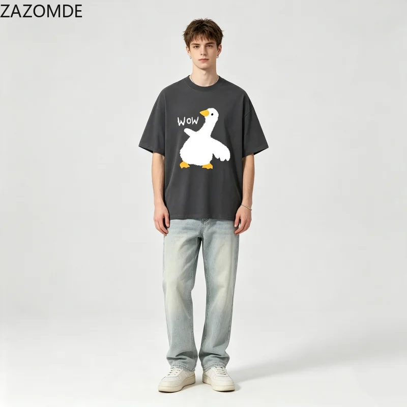 ZAZOMDE 2026 New Retro Doodle Animal T Shirt Fluffy White Goose with Wow Slogan Graphic Print Casual Hip Hop Oversized Tops
