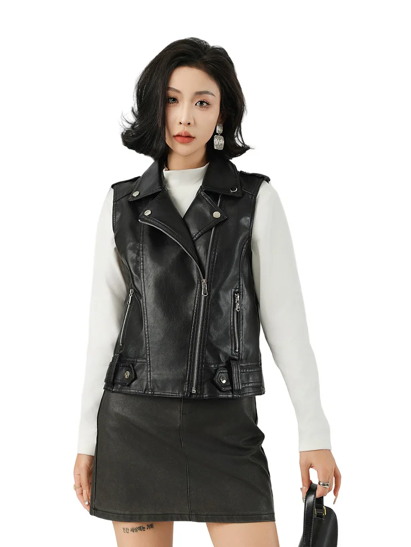 Fashion suit lapel leather vest 2026 new women's versatile slim fit motorcycle suit punk black jacket