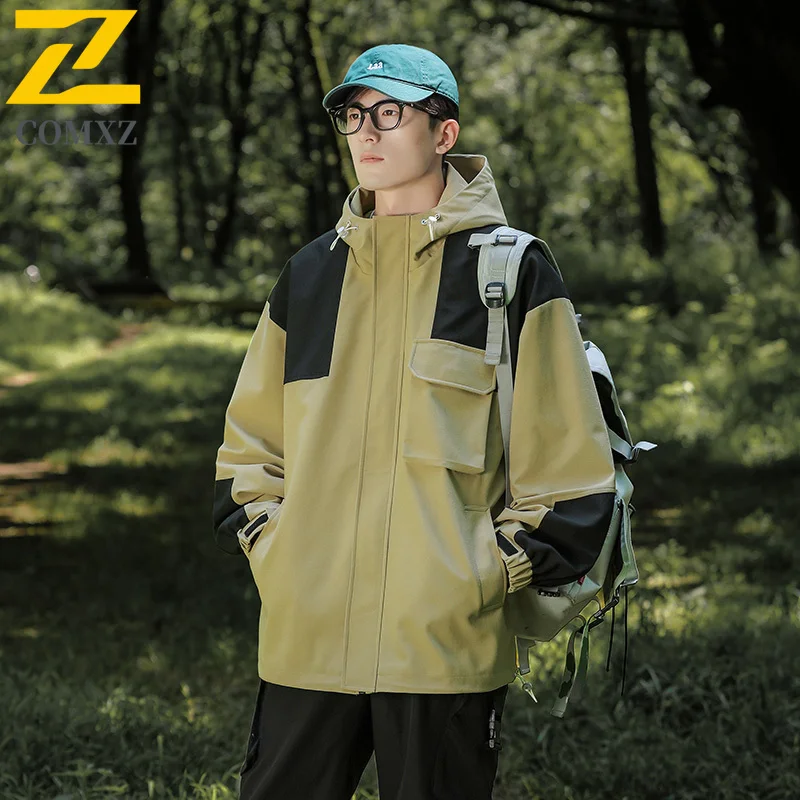 

Men's Jacket 2025 Color Block Windbreaker Waterproof Outdoor Workwear Coat Unisex Couple Hiking Top Fashion Streetwear Raincoat