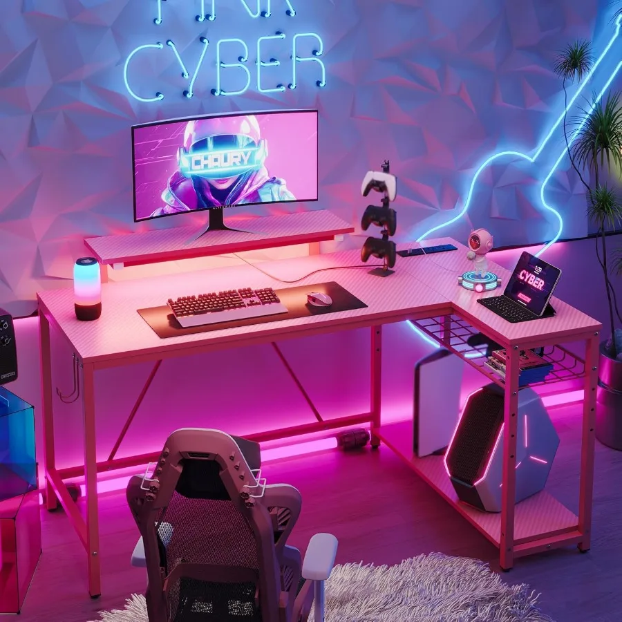 

52 L-Shaped Gaming Desk with Integrated Power Outlet and Multiple USB Ports Featuring Built-in LED Strip Lighting and Dedicated