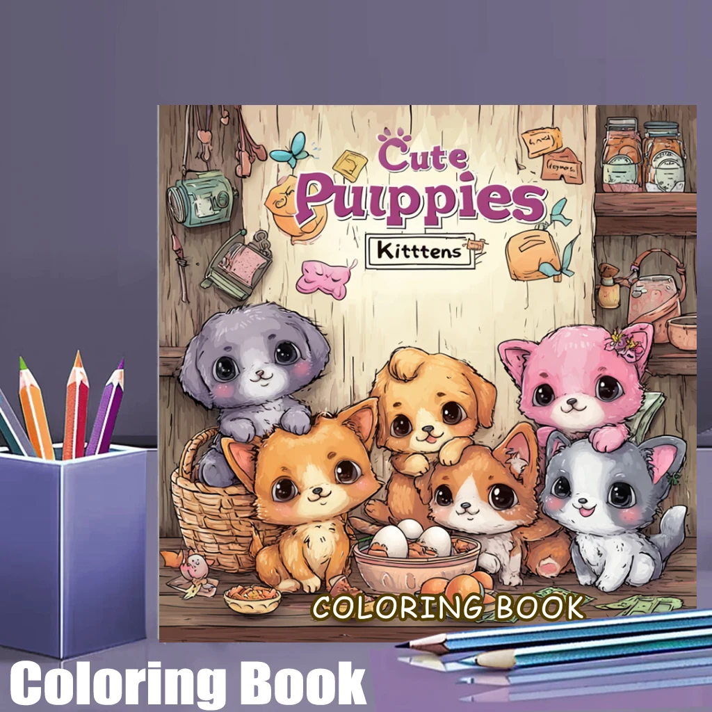 28 Pages Original Cute Puppies and Kittens Coloring Book for Adult Colouring Book, Drawing Supplies for Christmas, Thanksgiving