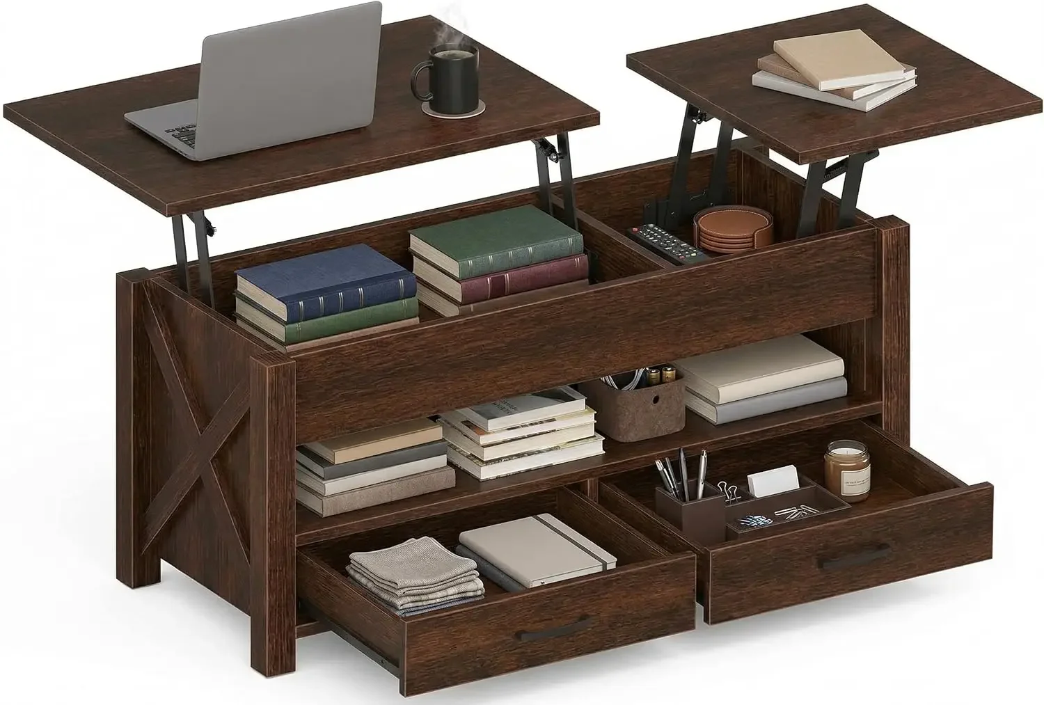 Modern Farmhouse Lift Top Coffee Table With Dual Split Adjustable Height Drawers And Hidden Compartment