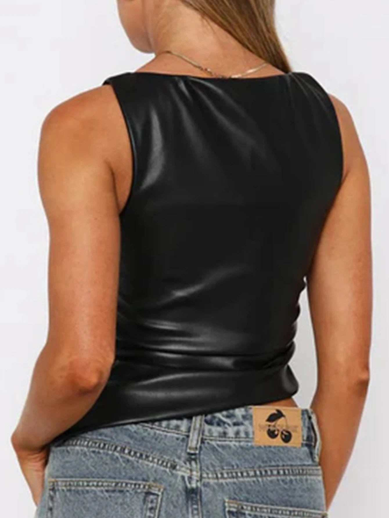 Sexy Black Folds PU Leather Tank Top Women Clothing Summer Cropped Sleeveless Casual tops Woman Nightclub Party Crop Top Outfits