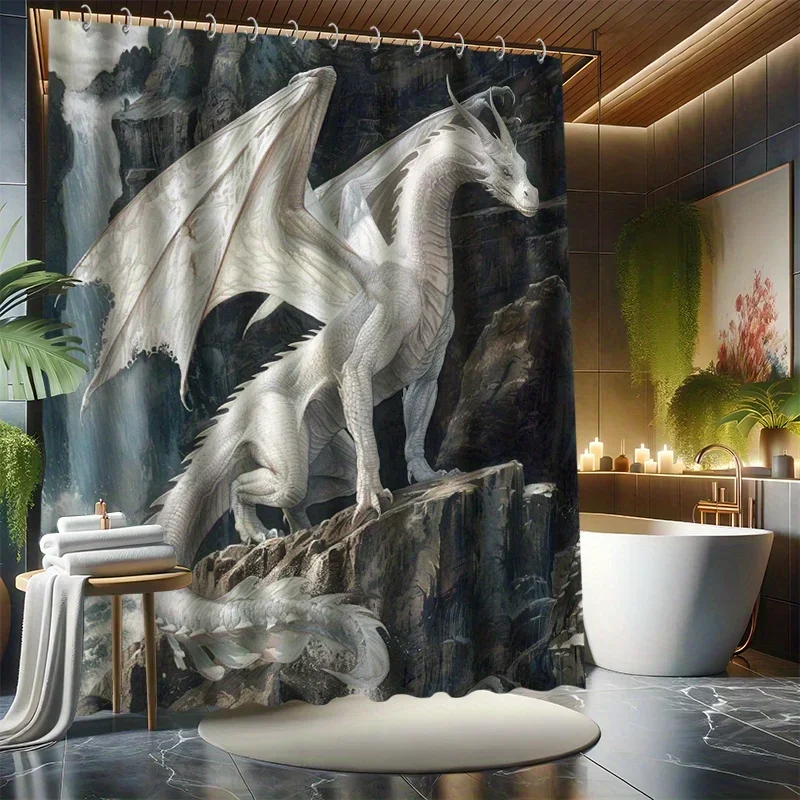 YXWhite Dragon Shower Curtain Set - Water-Resistant Polyester, Includes 12 Hooks,Grommet Top,Animal Print,All-Season Holiday Dec