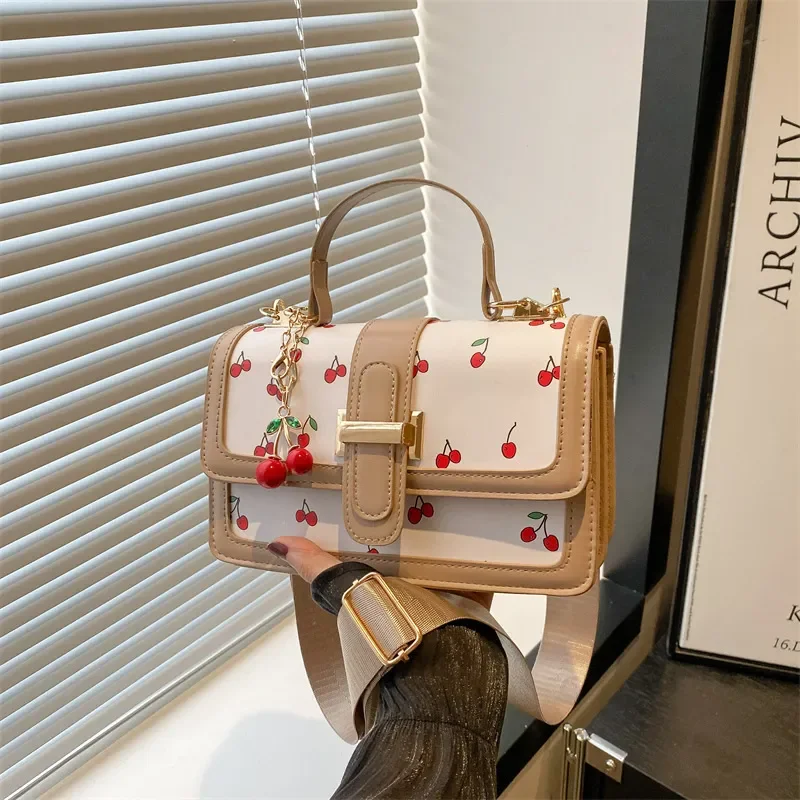 Cherry Printed Messenger Bag Cute Splicing Design Contrasting Color Fresh Style Simple Handbag Shoulder Bag for Women Girls