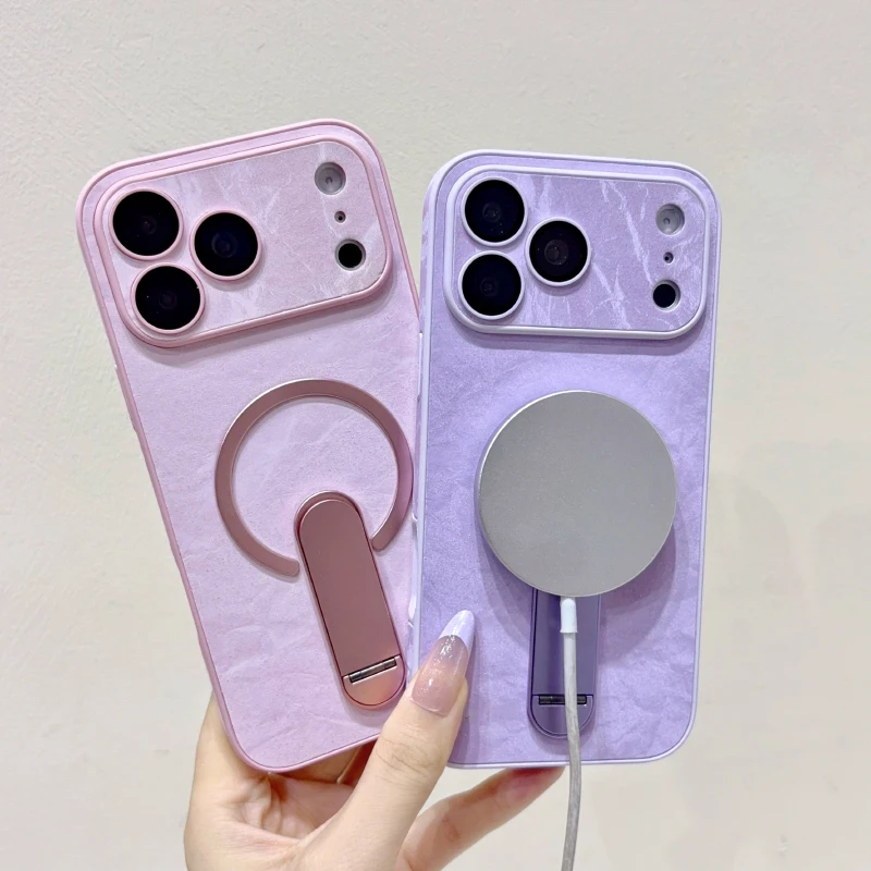 for Magsafe Magnetic 360 ° Rotating Metal Bracket PU Leather Phone Case for iPhone 18 17 Pro Max 15 14 13 16 Pro Max Back Cover