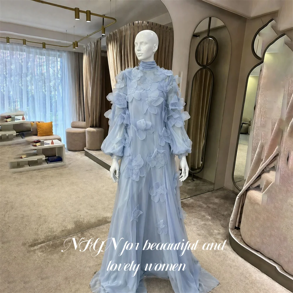 NFYN Light Blue Party Dress High Neck Off Shoulder Full Sleeve Evening Dress FlowerParty Gown Prom Gown for Women Customized
