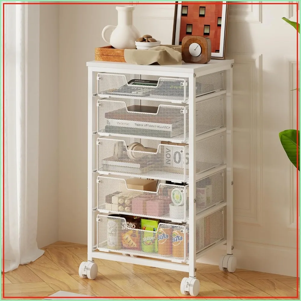 

5 Drawers Rolling Storage Cart with Lockable Wheels and Wooden Tabletop, Drawer Tower Organizer for Bedroom Home Office White