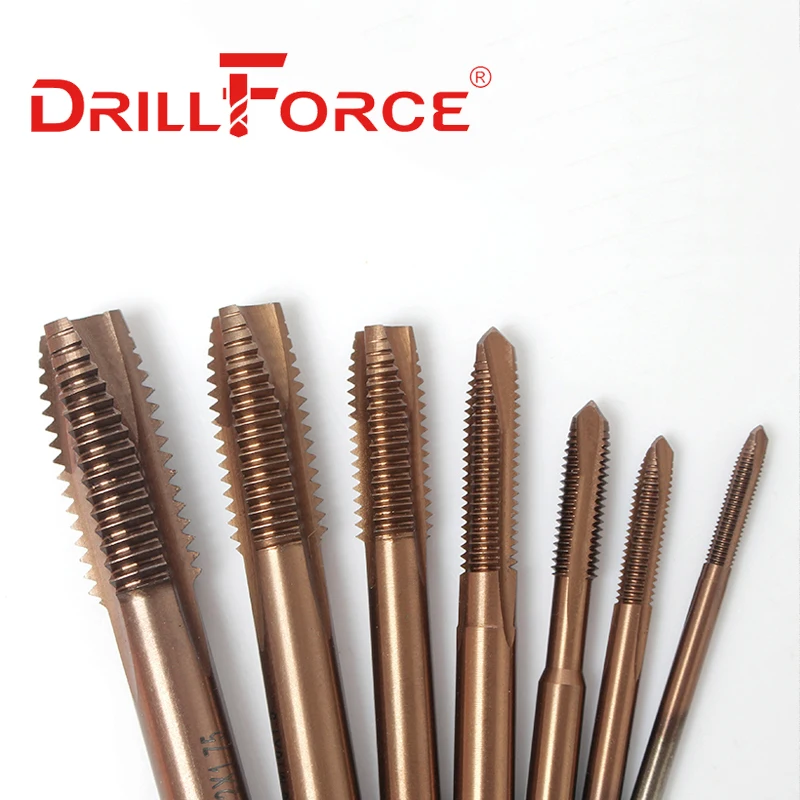 Drillforce кобальтовые фрезы, кобальтовые фрезы HSSCO M35 с заостренным концом, метрические флейты, механические метчики для правой руки из нержавеющей стали