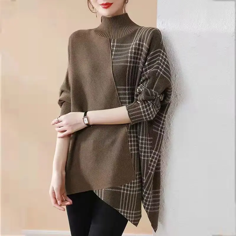 Fashion Turtleneck Spliced Plaid Batwing Sleeve Asymmetrical Sweater Women Clothing 2024 Autumn Casual Pullovers Irregular Tops