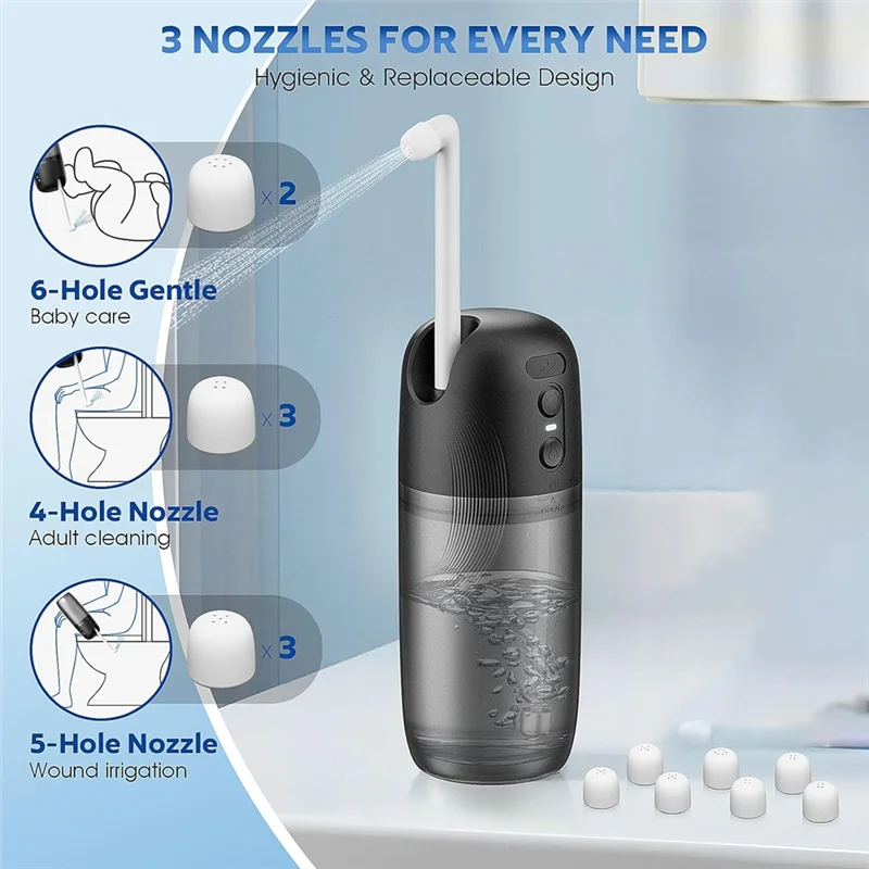 A74E-للضغط العالي المحمول للسفر - بخاخ بيديت كهربائي محمول 3 إعدادات للضغط، USB-C قابل لإعادة الشحن
